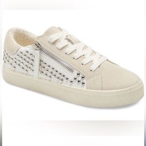 Cream Studded‎ Low-Top Sneakers with Suede Finish